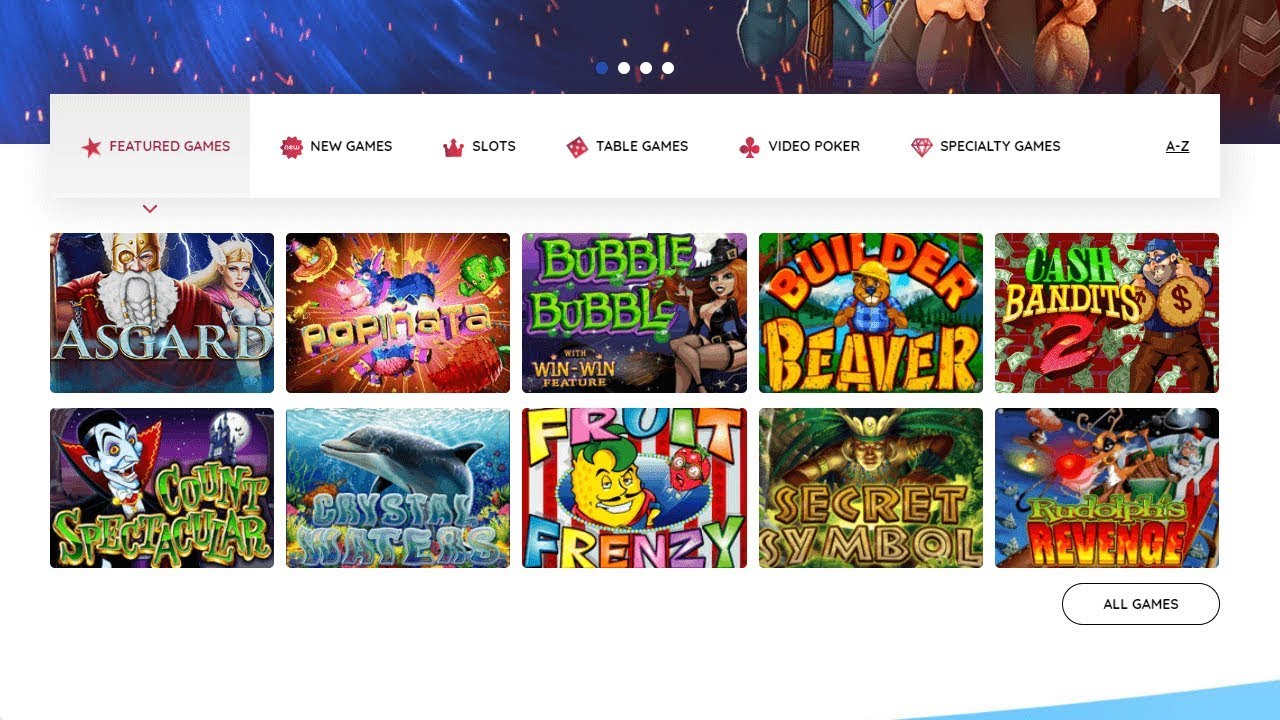 Casino game lobby with featured games and category navigation