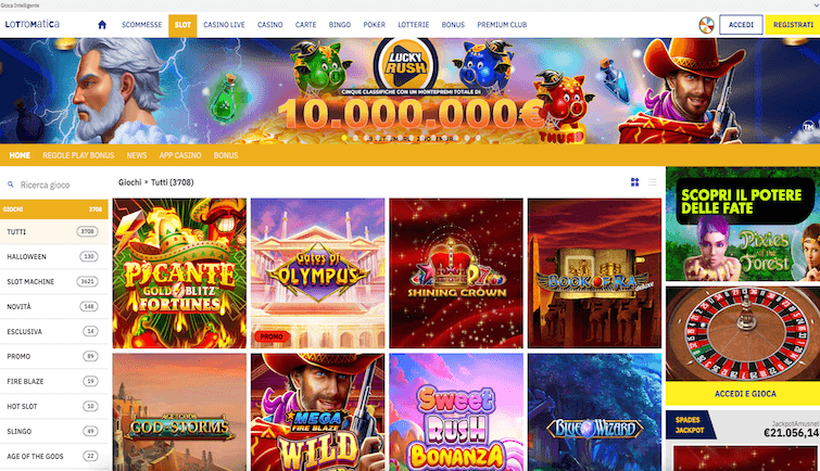 Lottomatica slot catalogue showing game filters and featured slot titles