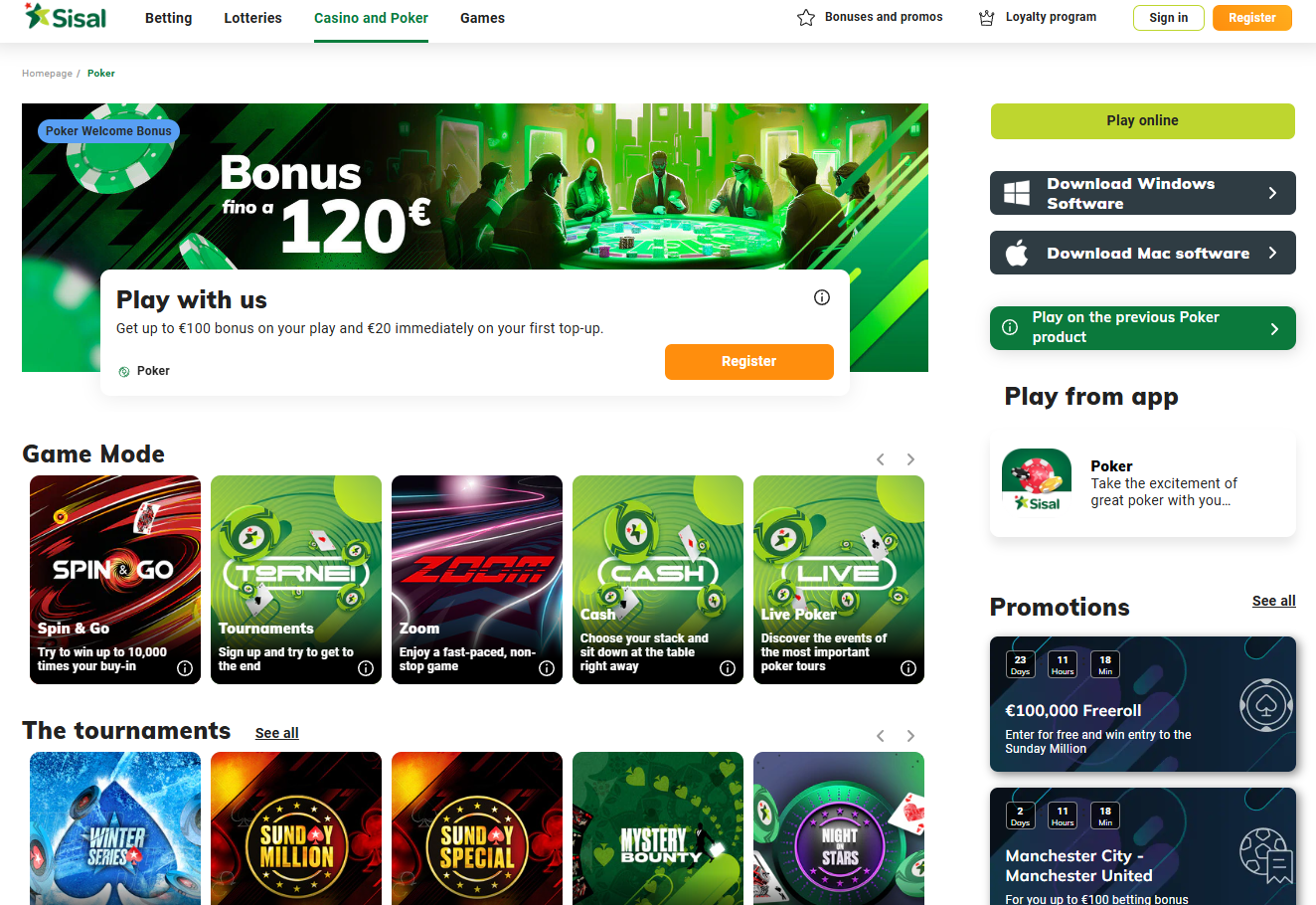 Sisal poker page showing registration options, game modes and tournaments