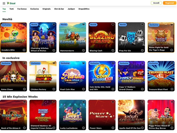 Sisal slot catalogue showing game categories and titles