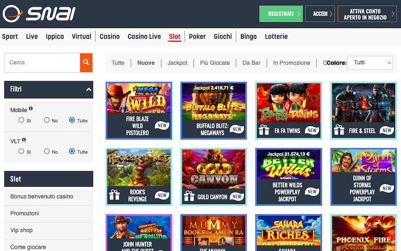 SNAI slot catalogue with game categories, filters and featured titles