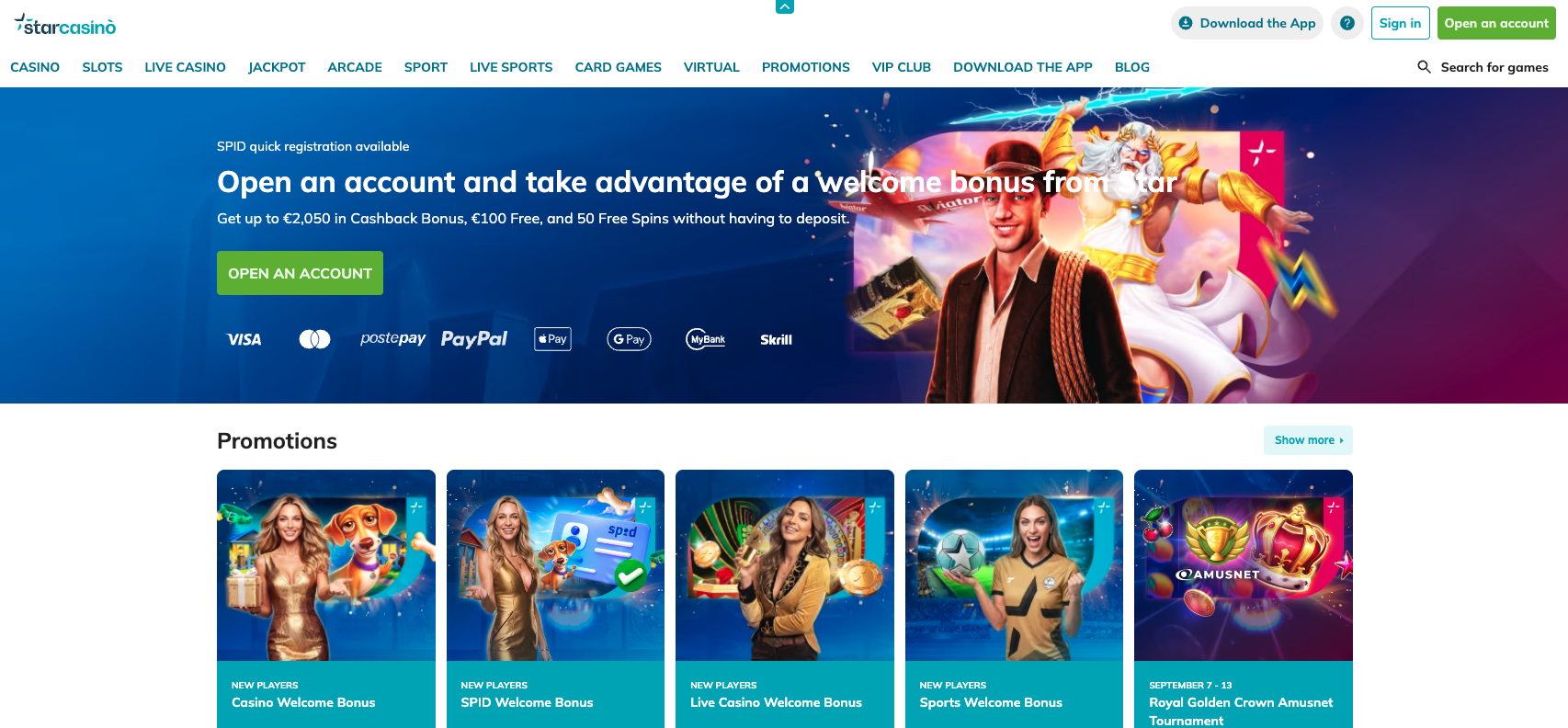StarCasinò Italy homepage showing casino navigation and promotions