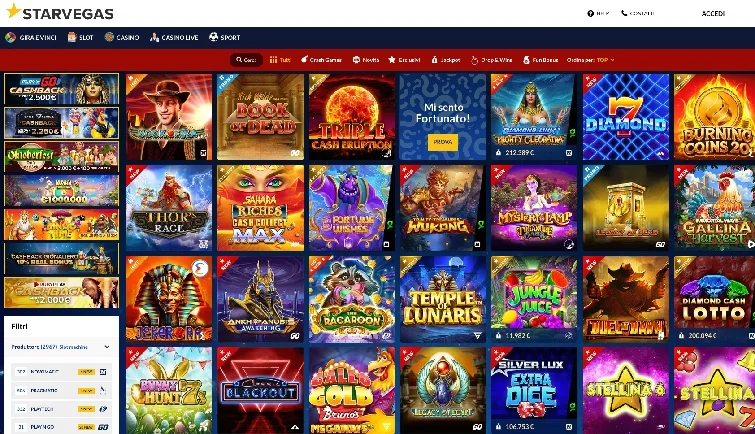 StarVegas slot catalogue with game filters and featured slot titles